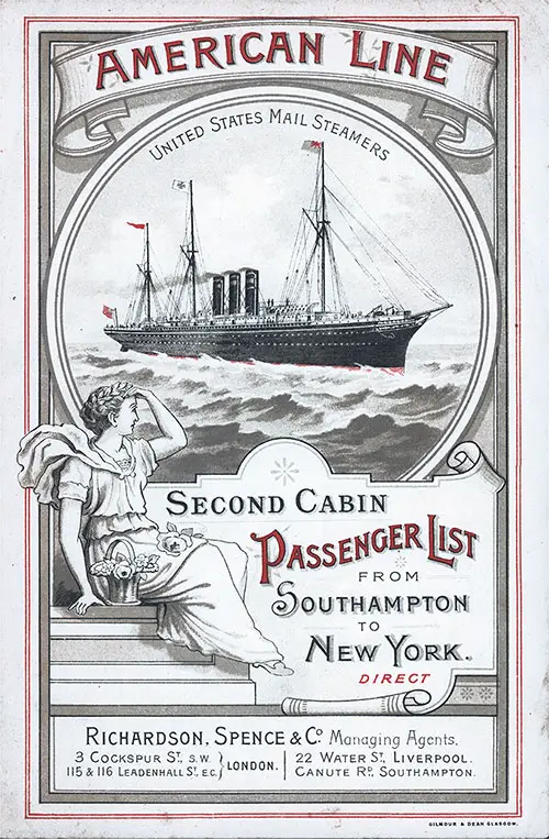 Front Cover Second Cabin Passenger List for the SS Paris of the American Line Dated 7 September 1896.