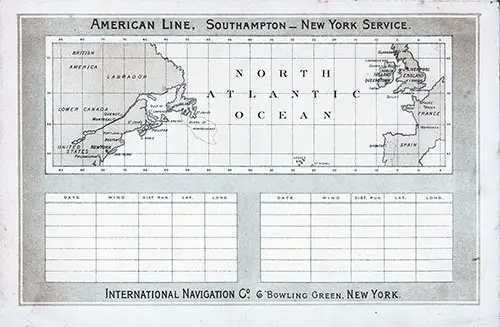 Back Cover Track Chart and Memorandum of Log (Unused) from the Second Cabin Passenger List for the SS Paris of the American Line Dated 7 September 1896.