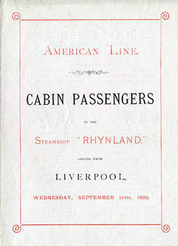 Passenger Manifest Cover, September 1895 Westbound Voyage - SS Rhynland