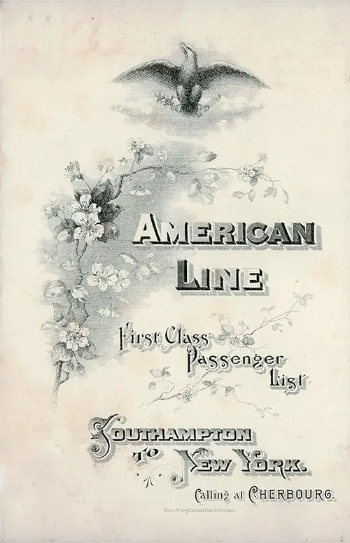 Front Cover: First Class Passenger List for the SS St. Louis of the American Line Dated 26 October 1907.