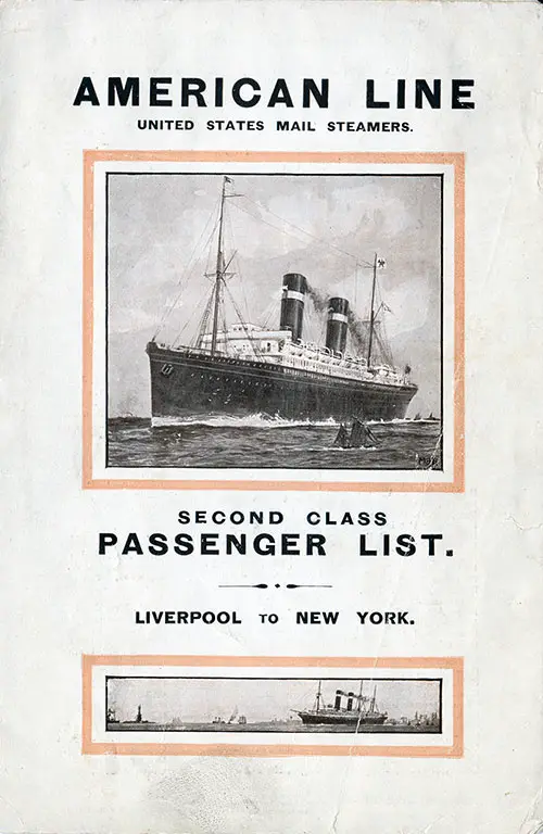 Front Cover: Second Class Passenger List for the SS St. Louis of the American Line Dated 29 May 1915.
