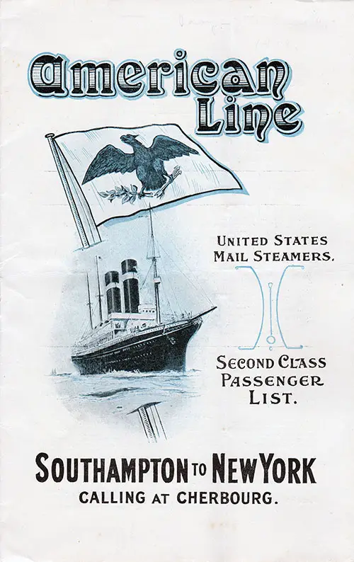 Front Cover: Second Class Passenger List for the SS St. Paul of the American Line Dated 27 May 1914.