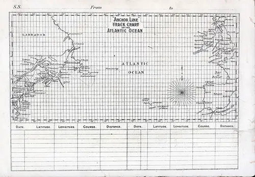 Back Cover, Track Chart and Extract of Log (Unused) from Cabin Class Passenger List of the SS Anchoria dated 4 June 1903.