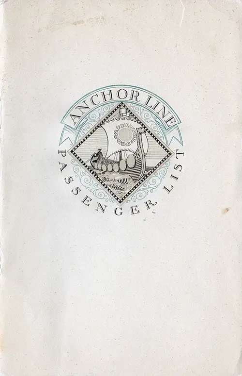 Front Cover: Cabin and Tourist Class Passenger List for the SS California of the Anchor Line Dated 14 September 1929.