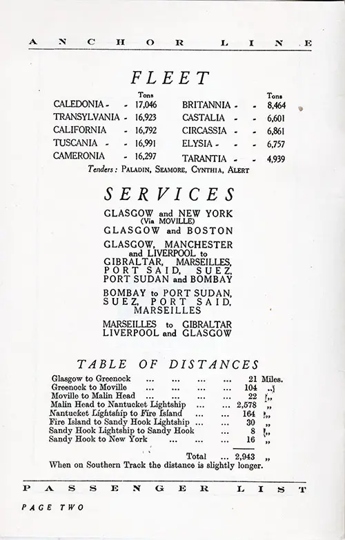 Anchor Line Fleet, Services, and Table of Distances, 1930.