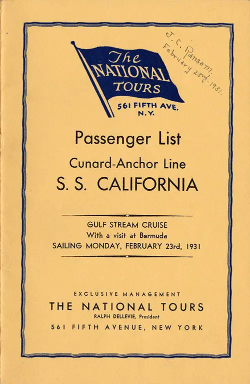 Front Cover, The National Tours Passenger List for the SS California of the Anchor Line Dated 23 February 1931.