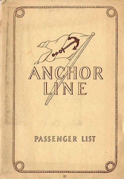 Front Cover: Tourist Third Cabin Class Passenger List for the SS Cameronia of the Anchor Line Dated 2 July 1927