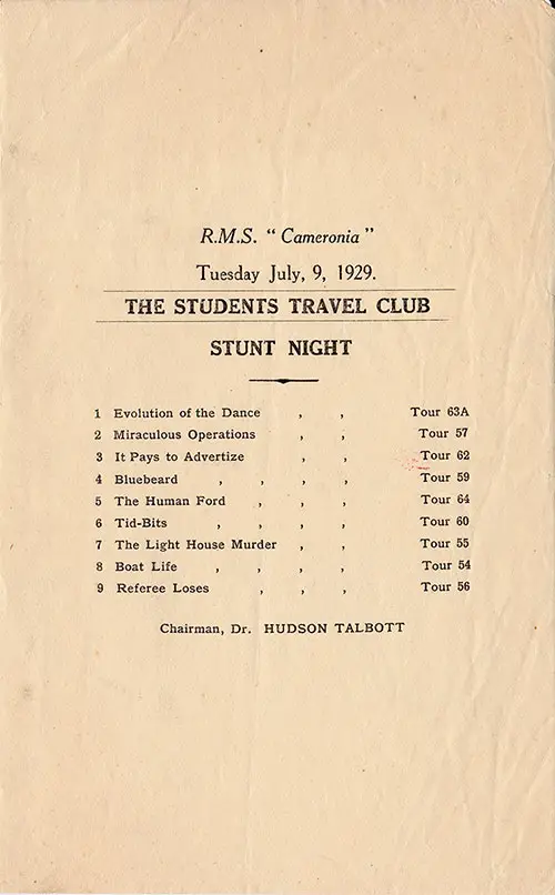 Stunt Night - Student Travel Club, 9 July 1929 on board the RMS Cameronia.
