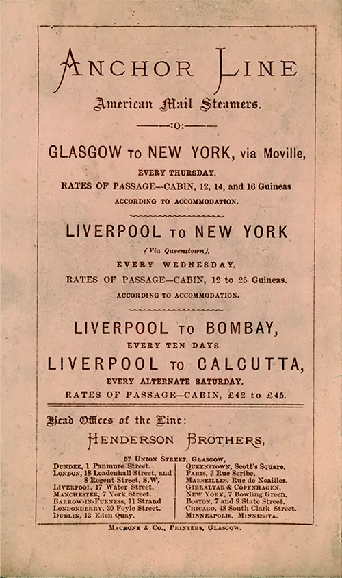 Anchor Line Services on the Back Cover of a Saloon Passenger List, 7 December 1883.