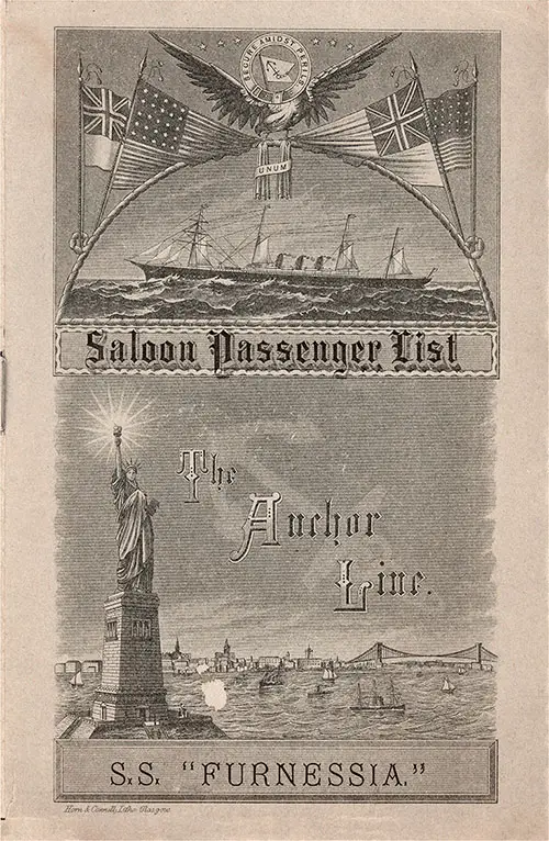 Front Cover: Saloon Class Passenger List for the SS Furnessia of the Anchor Line Dated 23 August 1888.