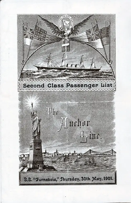 Front Cover: Second Class Passenger List for the SS Furnessia of the Anchor Line Dated 30 May 1901.