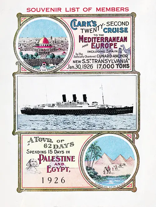 Front Cover: 62-Day Cruise - Souvenir List of Cruise Members for the SS Transylvania Dated 30 January 1926.