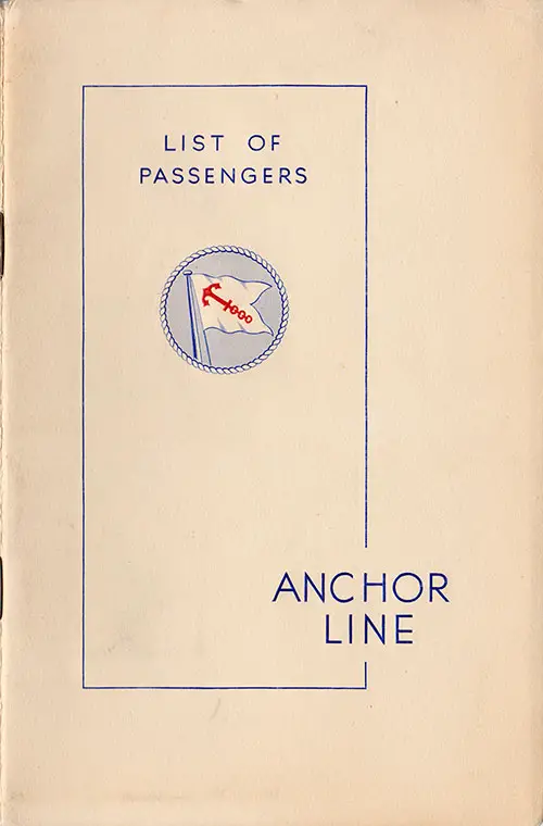 Front Cover: Cabin and Tourist Class Passenger List for the SS Transylvania of the Anchor Line Dated 11 September 1936.