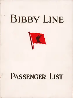 Front Cover of a Cabin Class Passenger List from the SS Yorkshire of the Bibby Line, Departing 31 January 1936 from Liverpool to Rangoon via Gibraltar, Marseilles, Port Said, Port Sudan, and Colombo