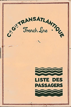 Front Cover, SS Lafayette Passenger List - 10 September 1931
