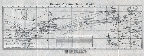 Cunard Atlantic Track Chart, Unused, RMS Andania Tourist Third Cabin Passenger List, 17 August 1928.