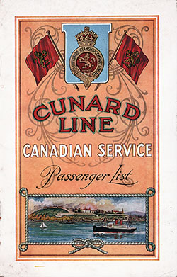 Front Cover, Cabin Passenger List from the RMS Ascania of the Cunard Line, Departing 11 July 1925 from Montréal to London.