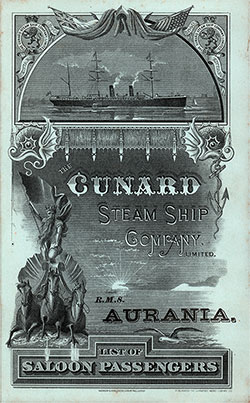 Front Cover, Saloon Passenger List for the RMS Aurania of the Cunard Line, Departing Saturday, 26 February 1887 from Liverpool for New York.