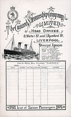 Front Cover, Saloon Passenger List for the RMS Campania of the Cunard Line, Departing Saturday, 12 October 1895 from Liverpool to New York.