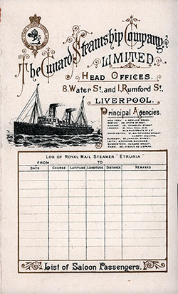 Front Cover to a Saloon Passenger List for the RMS Etruria of the Cunard Line, Departing Saturday, 30 April 1898 from Liverpool to New York.