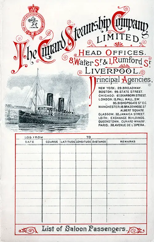 Front Cover of a Saloon Passenger List for the RMS Lucania of the Cunard Line, Departing Saturday, 8 September 1900 from Liverpool to New York.