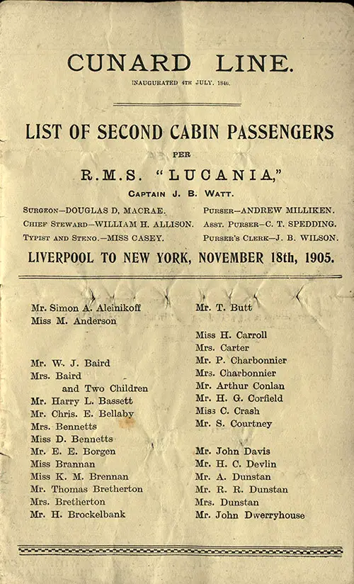 Front Cover of a Second Cabin Passenger List for the RMS Lucania of the Cunard Line, Departing Saturday, 18 November 1905 from Liverpool to New York