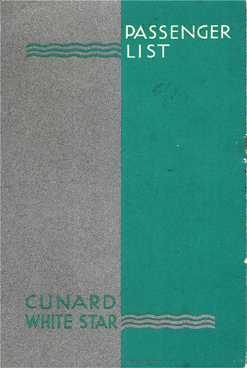 Back Cover, Cunard Line RMS Queen Mary Tourist Passenger List - 8 February 1950.
