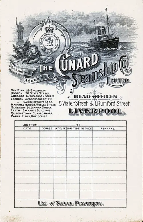 Front Cover, Cunard Line RMS Saxonia Saloon Class Passenger List - 25 October 1904.