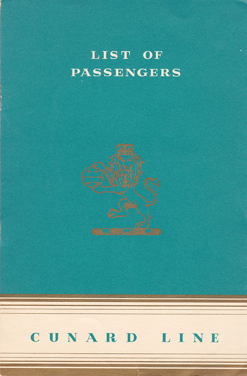 Front Cover of a Tourist Class Passenger List from the RMS Scythia of the Cunard Line, Departing 20 March 1953 from Southampton to Halifax via Le Havre