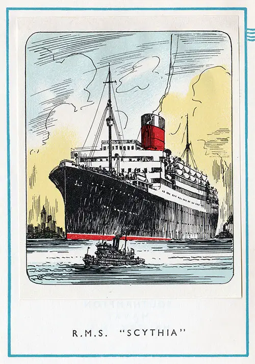 Painting of the Cunard Line RMS Scythia. RMS Scythia Passenger List, 20 March 1953.