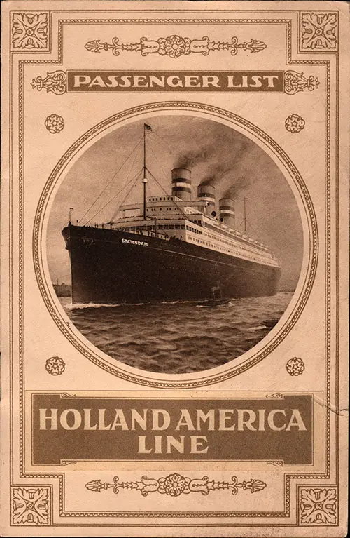 Front Cover of a Cabin Passenger List from the SS Potsdam of the Holland-America Line, Departing Saturday, 2 August 1913 from Rotterdam to New York via Boulogne-sur-Mer
