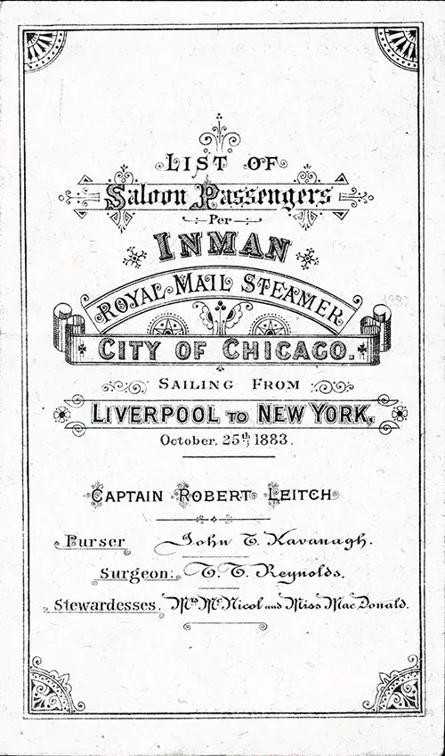 Front Cover of 1883 Passenger List of the Inman Line