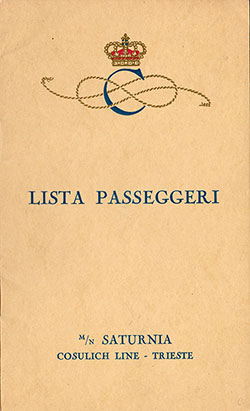 Front Cover - 25 August 1929 Passenger List, M.V. Saturnia, Consulich Line - Trieste