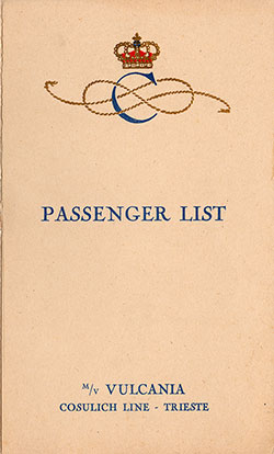 Front Cover - Passenger List, SS Vulcania, Cosulich Line, August 1930, Cannes to New York 