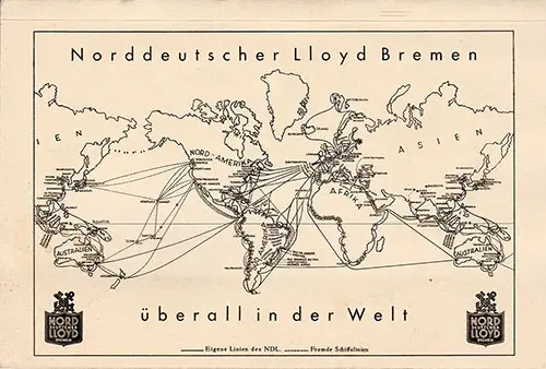 Route Map on the Back Cover, North German Lloyd SS Bremen Tourist Third Cabin and Third Class Passenger List - 18 October 1935.