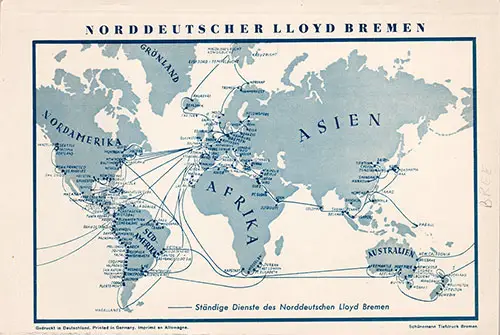 Route Map on the Back Cover, North German Lloyd SS Bremen Tourist Third Cabin and Third Class Passenger List - 16 August 1938.