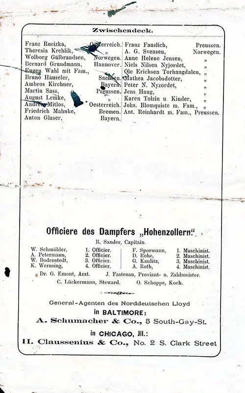 List of Passengers, Senior Officers, and Agents, Page 8, SS Hohenzollern Steerage Passenger List, 20 April 1881.