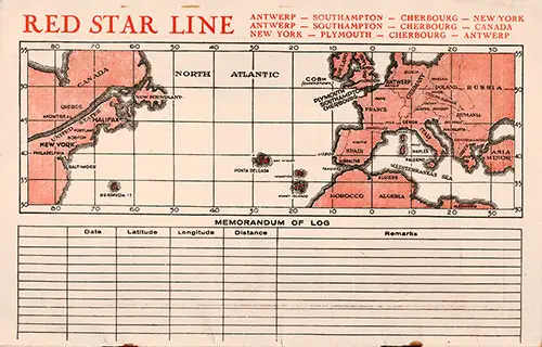 Unused Track Chart and Memorandum of Log for the SS Belgenland of the Red Star Line, 8 August 1930.