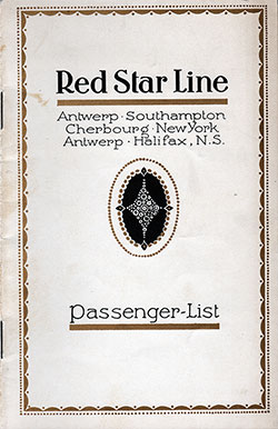 Front Cover, Red Star Line SS Pennland Cabin Class Passenger List - 27 August 1926.