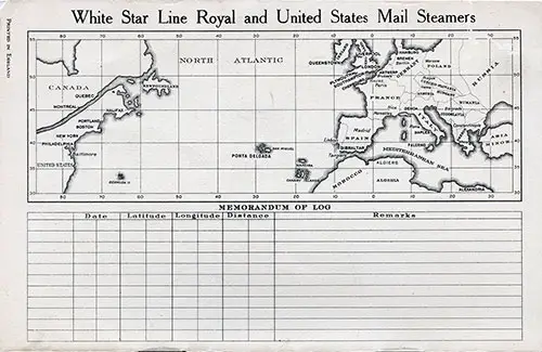 Track Chart and Memorandum of Log (Unused). RMS Adriatic Passenger List, 22 August 1931.