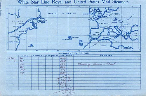 Track Chart (Unused) and Memorandum of Log from an RMS Baltic Tourist Passenger List, 18 May 1929.