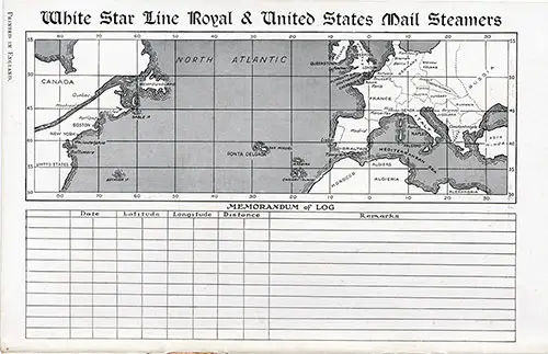 Track Chart and Memorandum of Log (Unused) from an RMS Baltic Cabin Passenger List, 13 July 1929.