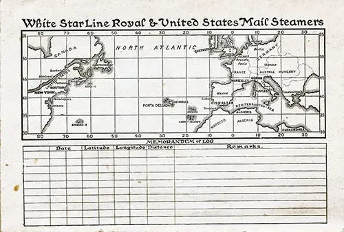 Track Chart and Memorandum of Log (Unused), RMS Celtic Passenger List, 19 August 1904.