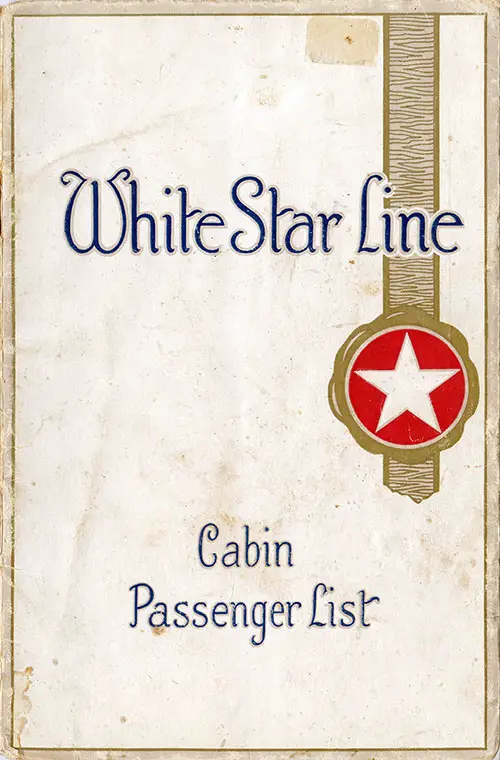 Front Cover, Cabin Passenger List from the RMS Doric of the White Star Line, Departing Saturday, 16 April 1927 from Liverpool to Boston and New York.