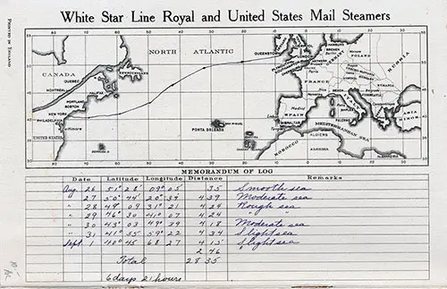White Star Line Royal and United States Mail Steamers Track Chart and Memorandum of Log.