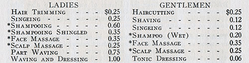 Barber Fee Schedule for Ladies and Gentlemen.
