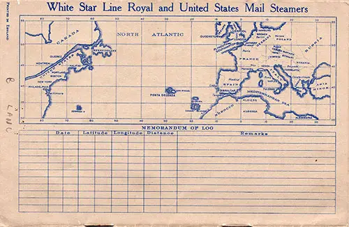 Track Chart and Memorandum of Log (Unused). RMS Majestic Passenger List, 1 October 1930.