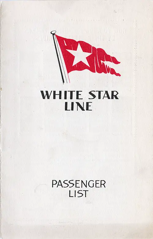 Front Cover, White Star Line RMS Majestic Tourist Class Passenger List - 10 August 1932.