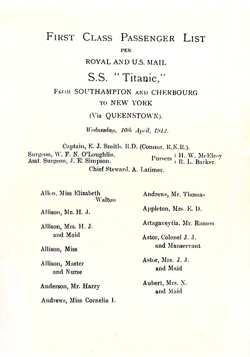 Page 3 of the First Class Passenger List, Listing Senior Officers and Passengers from Miss Elizabeth Walton Allen through Mrs. N. Aubert and Maid