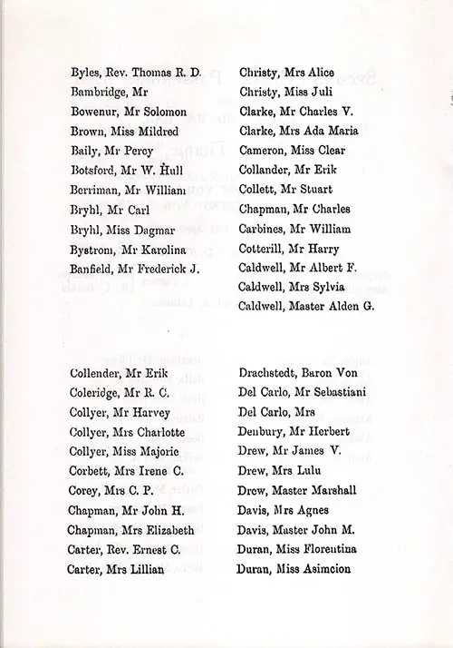 Page 4 of the Second Class Passenger List, Listing Passengers from Rev. Thomas R. D. Byles to Miss Asimcion Durand
